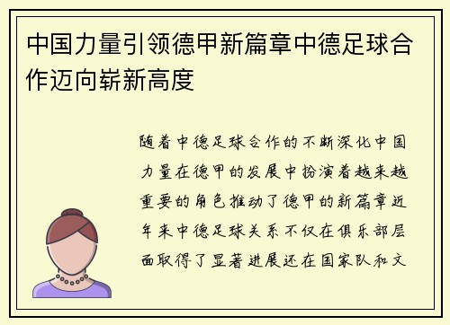 中国力量引领德甲新篇章中德足球合作迈向崭新高度