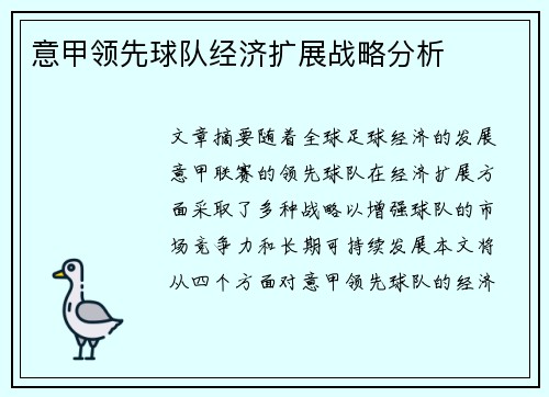 意甲领先球队经济扩展战略分析